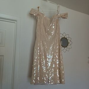 VINTAGE Nadine Boutique Hand Beaded Sequin Fringe Mini Dress | Champagne |